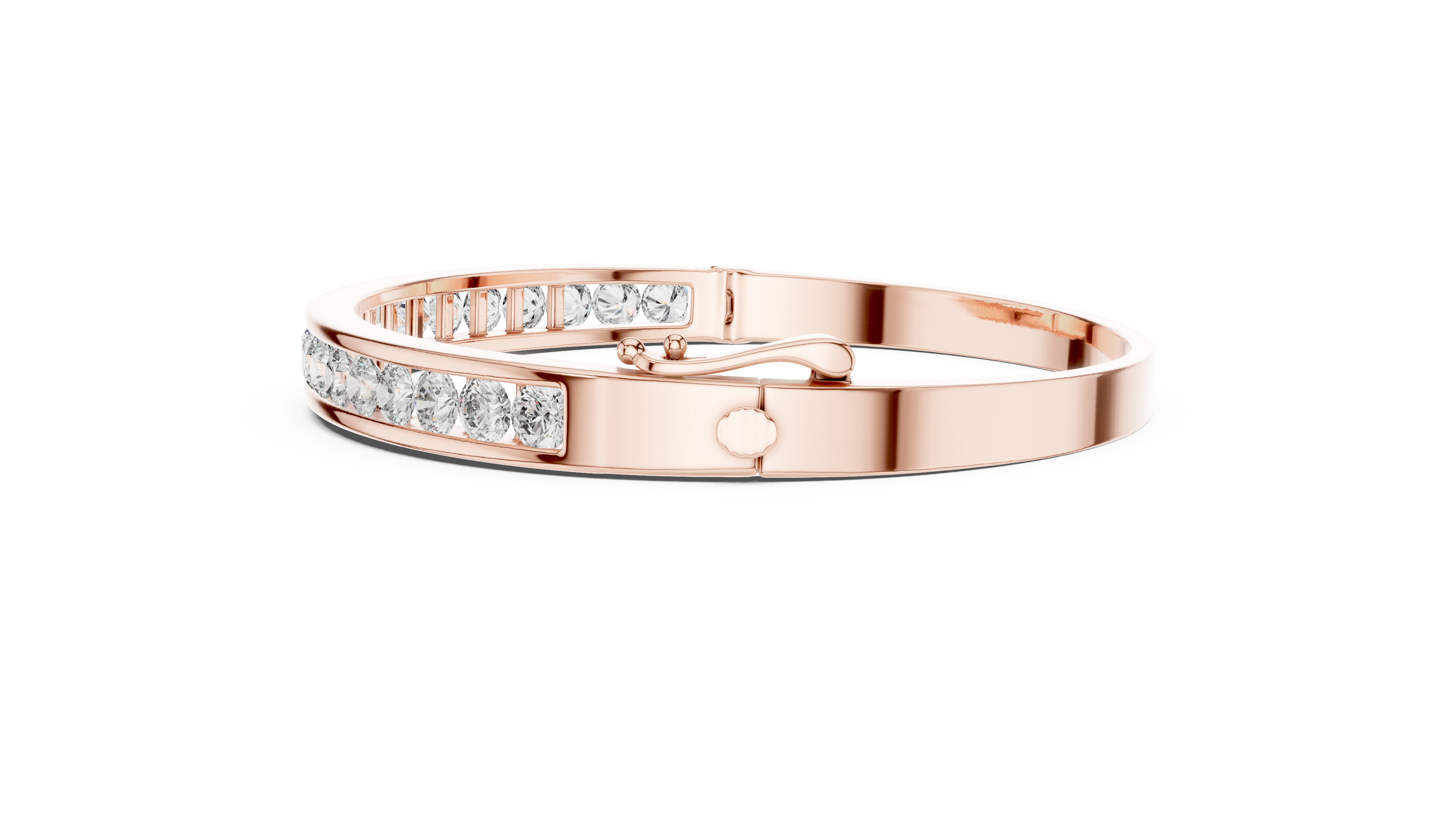 Rose gold bracelet with embedded diamonds on a white background
