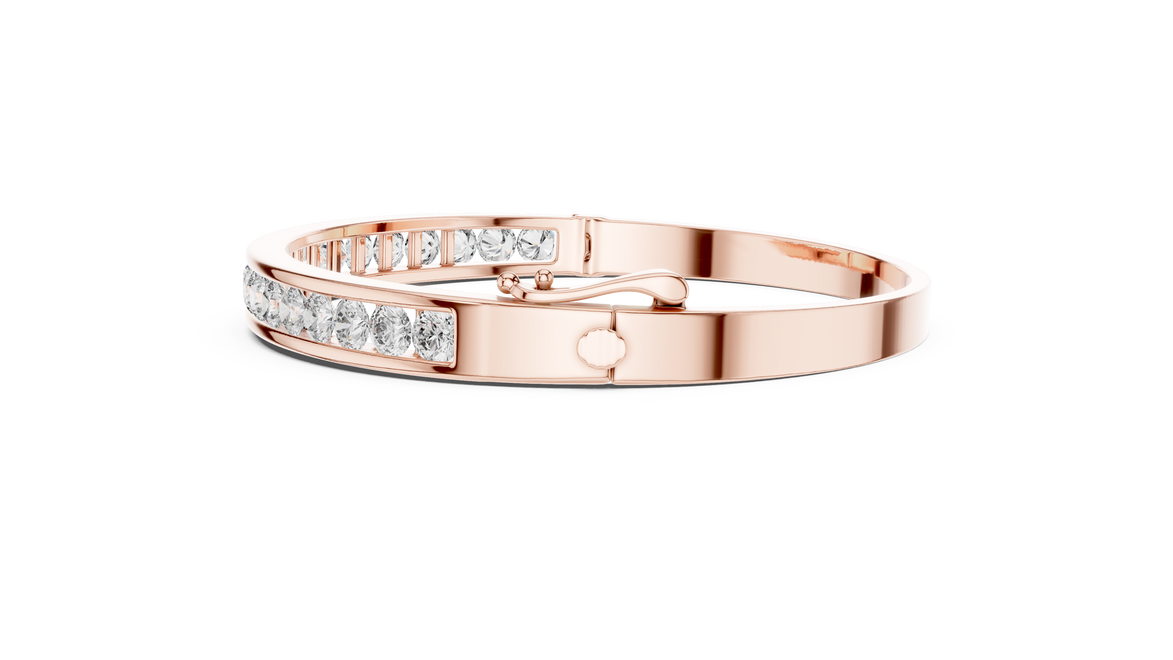 Rose gold bracelet with embedded diamonds on a white background
