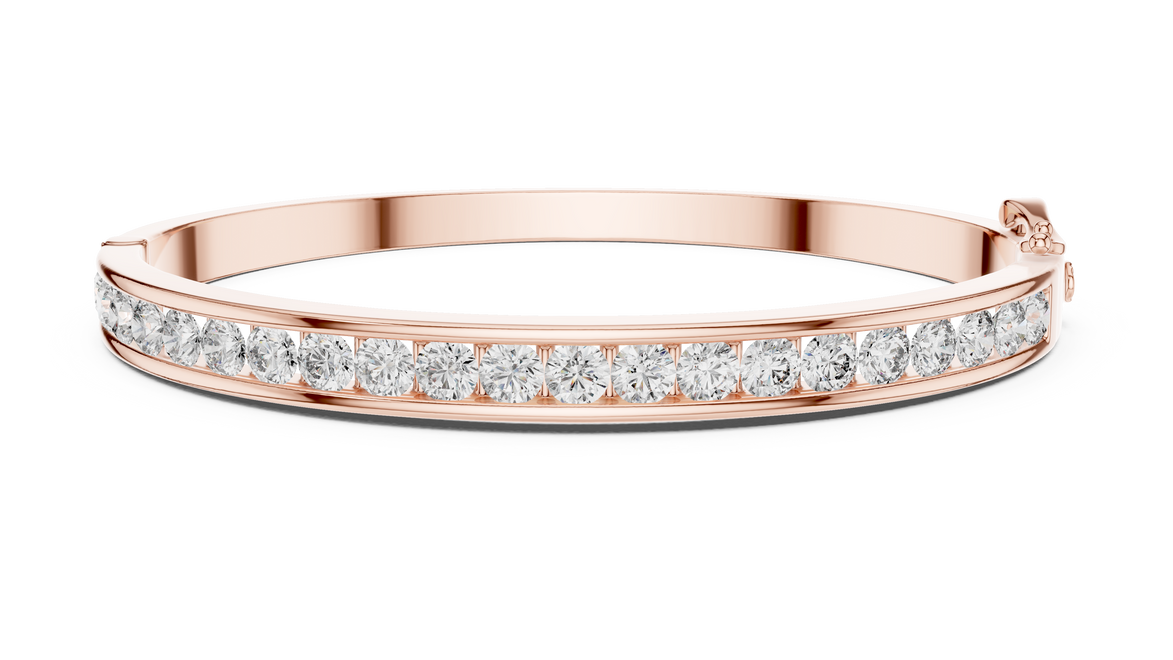 Rose gold bracelet with clear gemstones on a white background