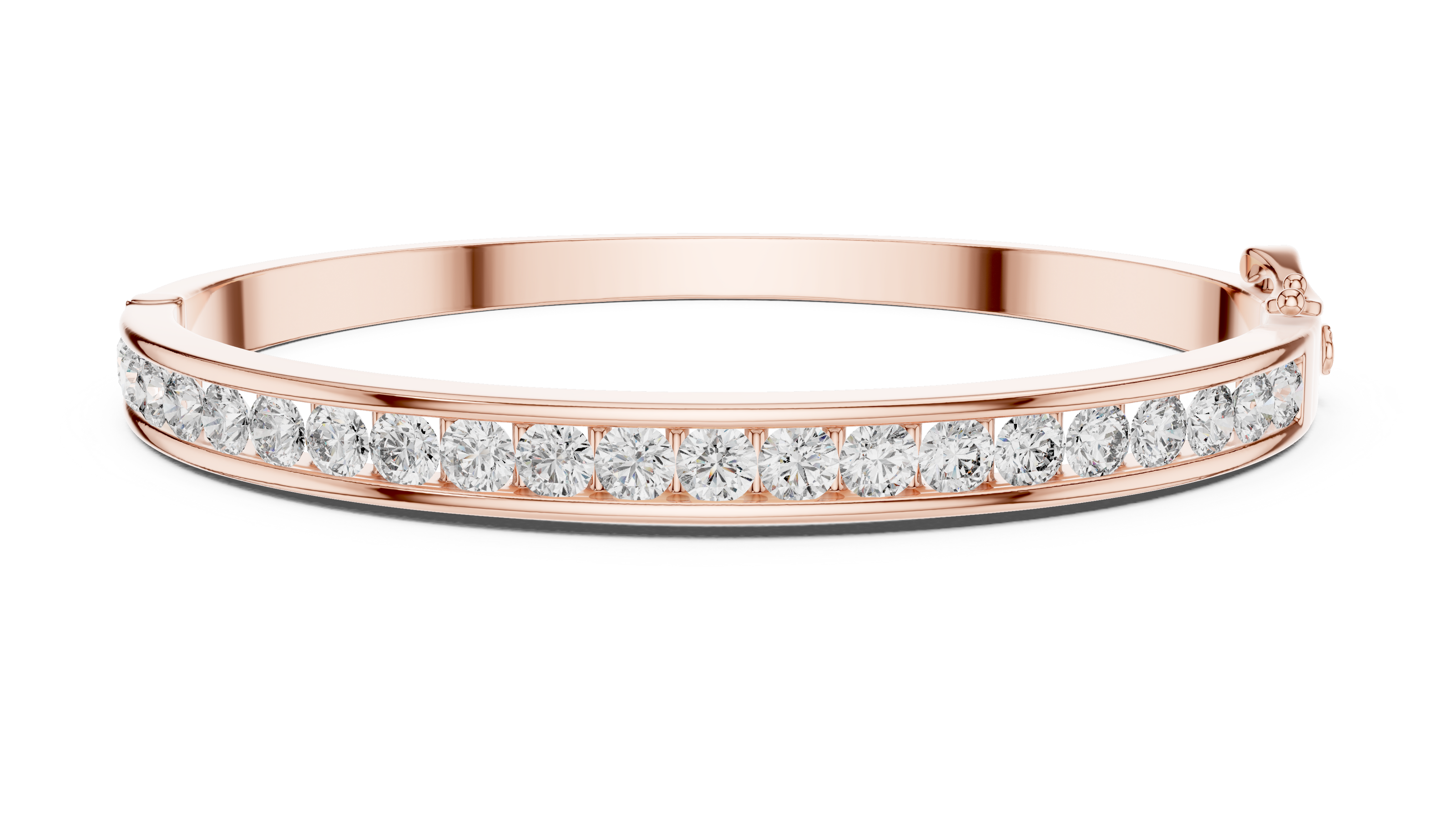 Rose gold bracelet with clear gemstones on a white background