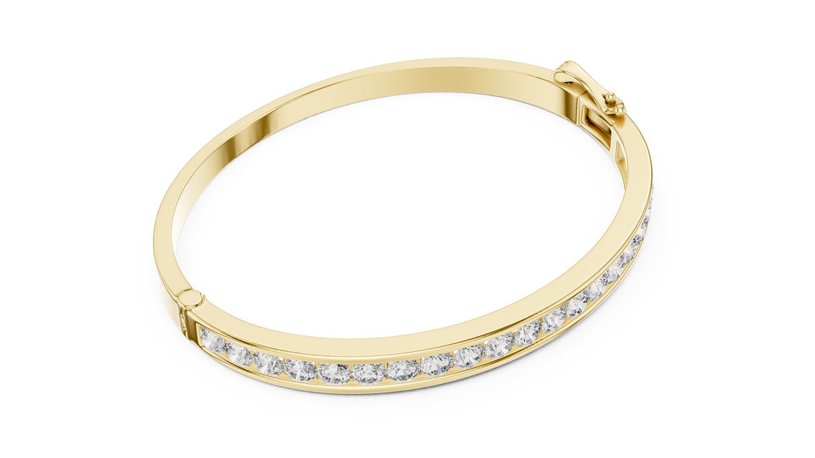 Gold bracelet with embedded diamonds on a white background