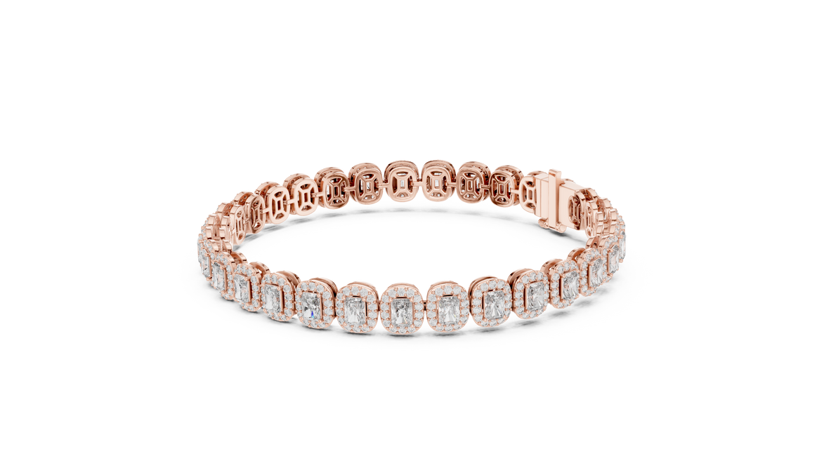 Radiant cut halo lab grown diamond tennis bracelet in yellow gold white gold and rose gold with luxury diamond links