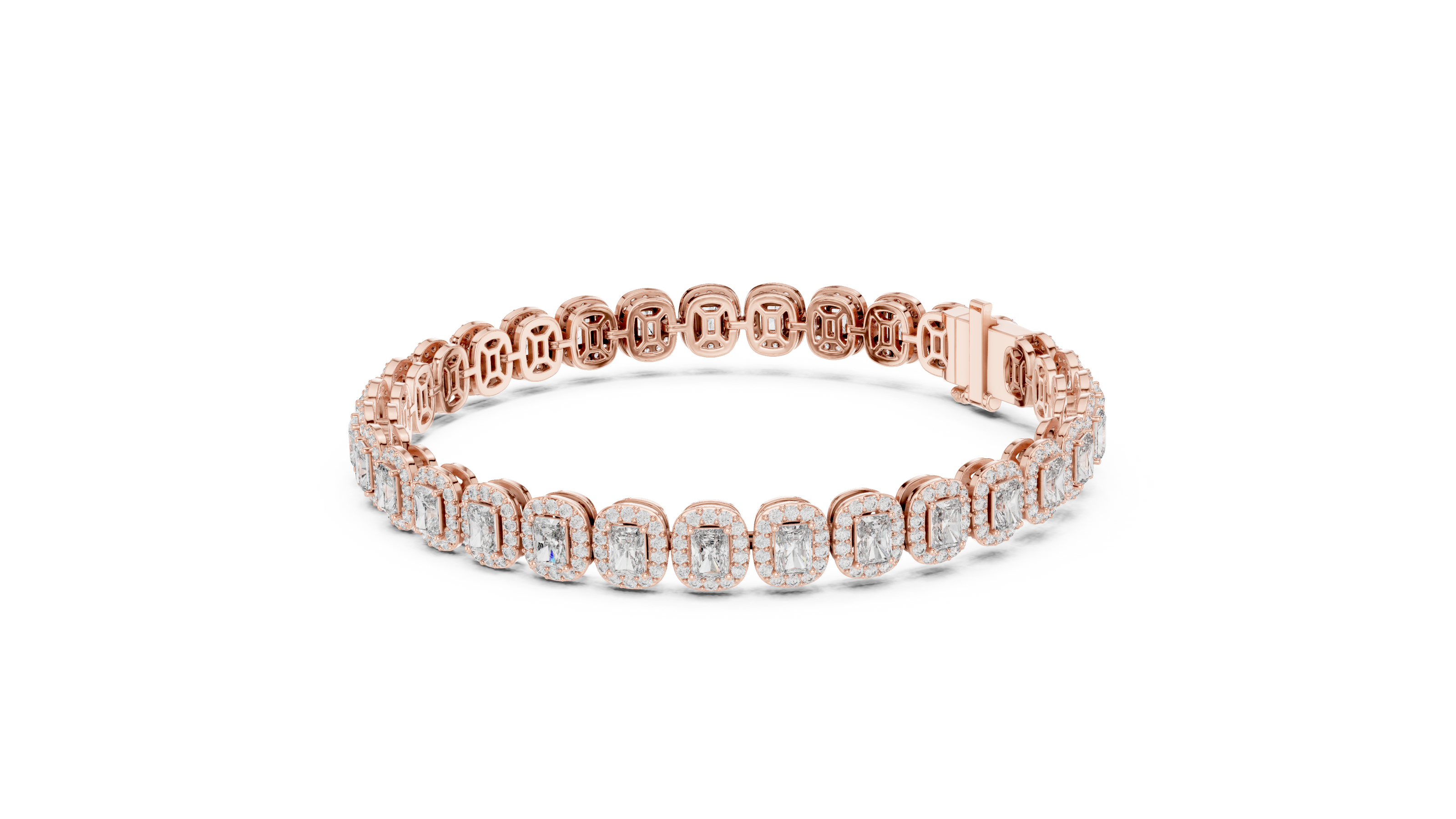 Radiant cut halo lab grown diamond tennis bracelet in yellow gold white gold and rose gold with luxury diamond links