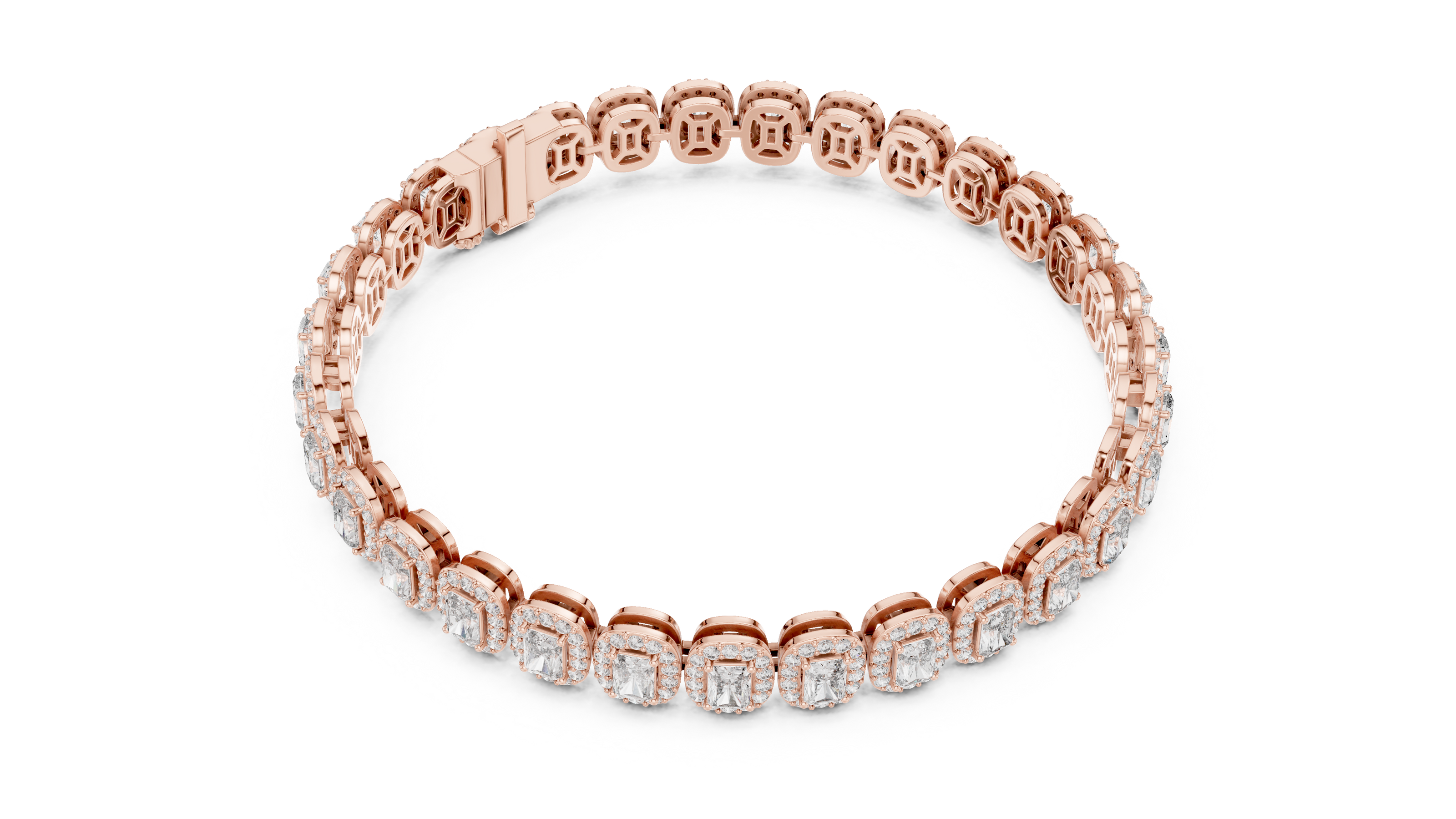 Radiant cut halo lab grown diamond tennis bracelet in yellow gold white gold and rose gold with luxury diamond links