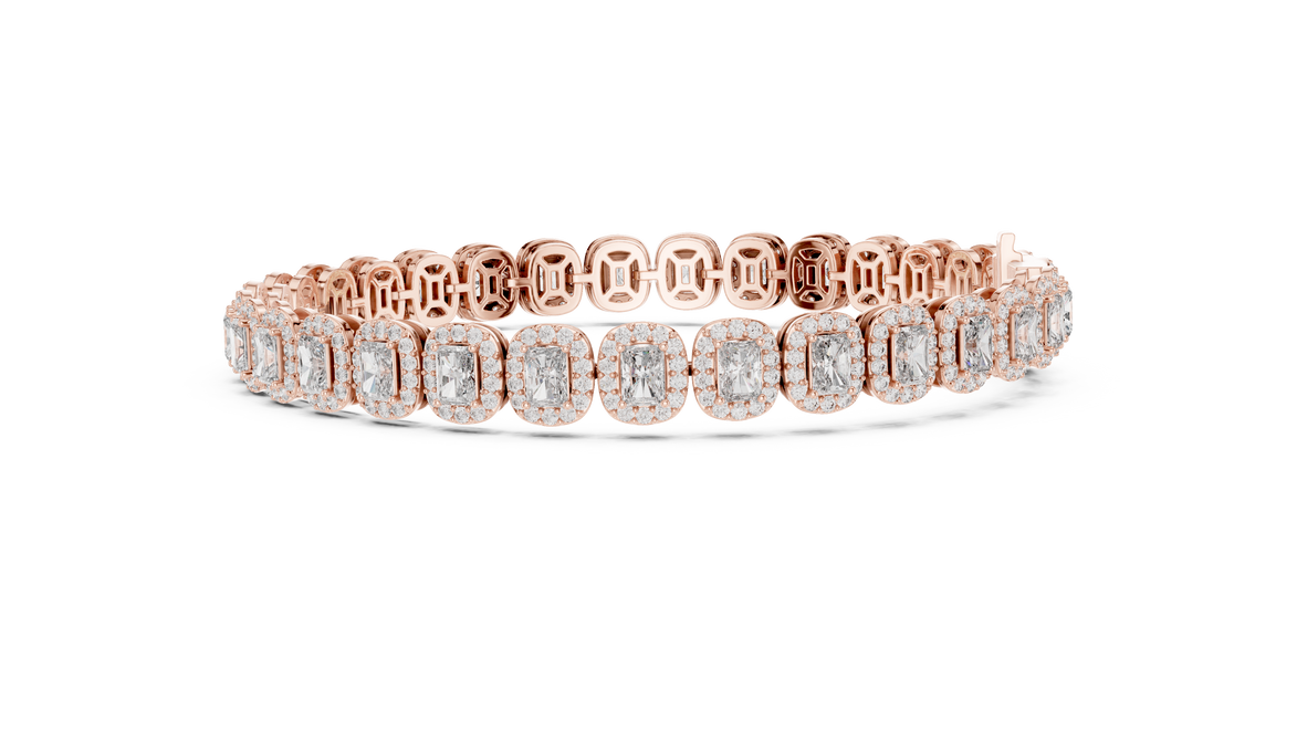Radiant cut halo lab grown diamond tennis bracelet in yellow gold white gold and rose gold with luxury diamond links