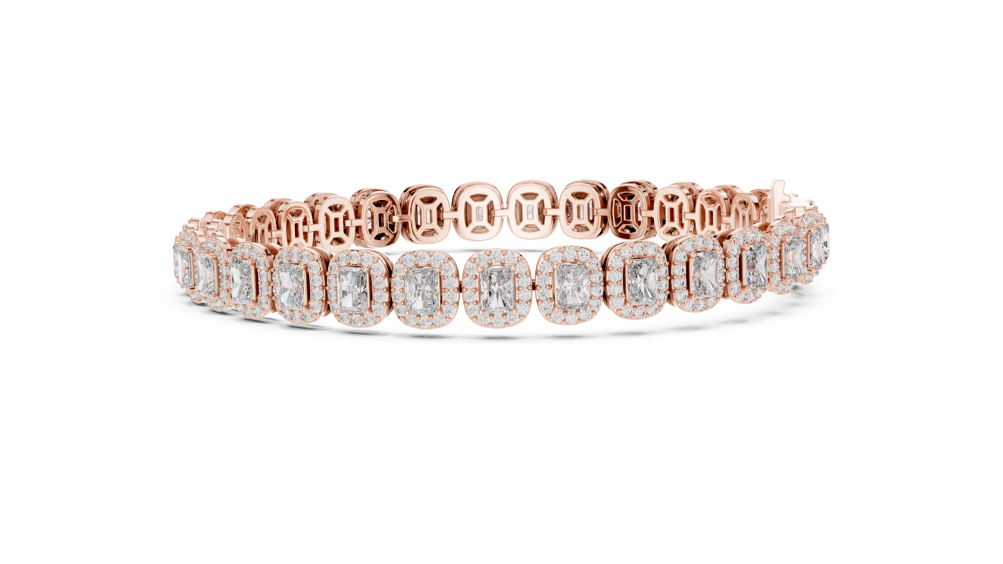 Radiant cut halo lab grown diamond tennis bracelet in yellow gold white gold and rose gold with luxury diamond links