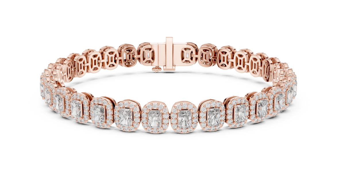 Radiant cut halo lab grown diamond tennis bracelet in yellow gold white gold and rose gold with luxury diamond links