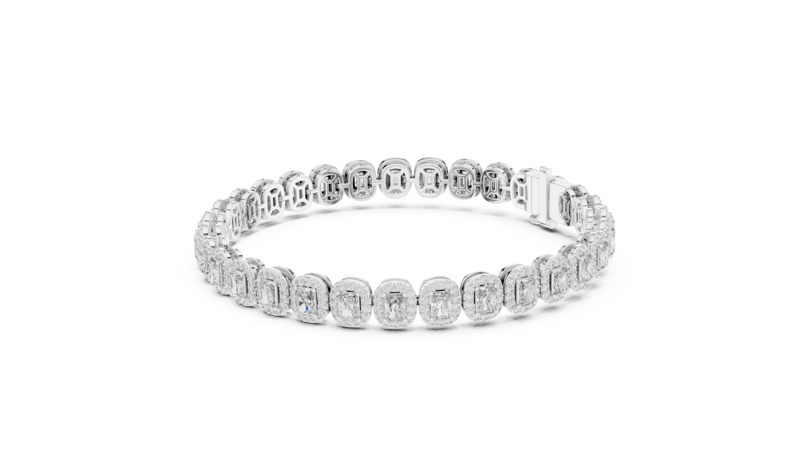 Radiant cut halo lab grown diamond tennis bracelet in yellow gold white gold and rose gold with luxury diamond links