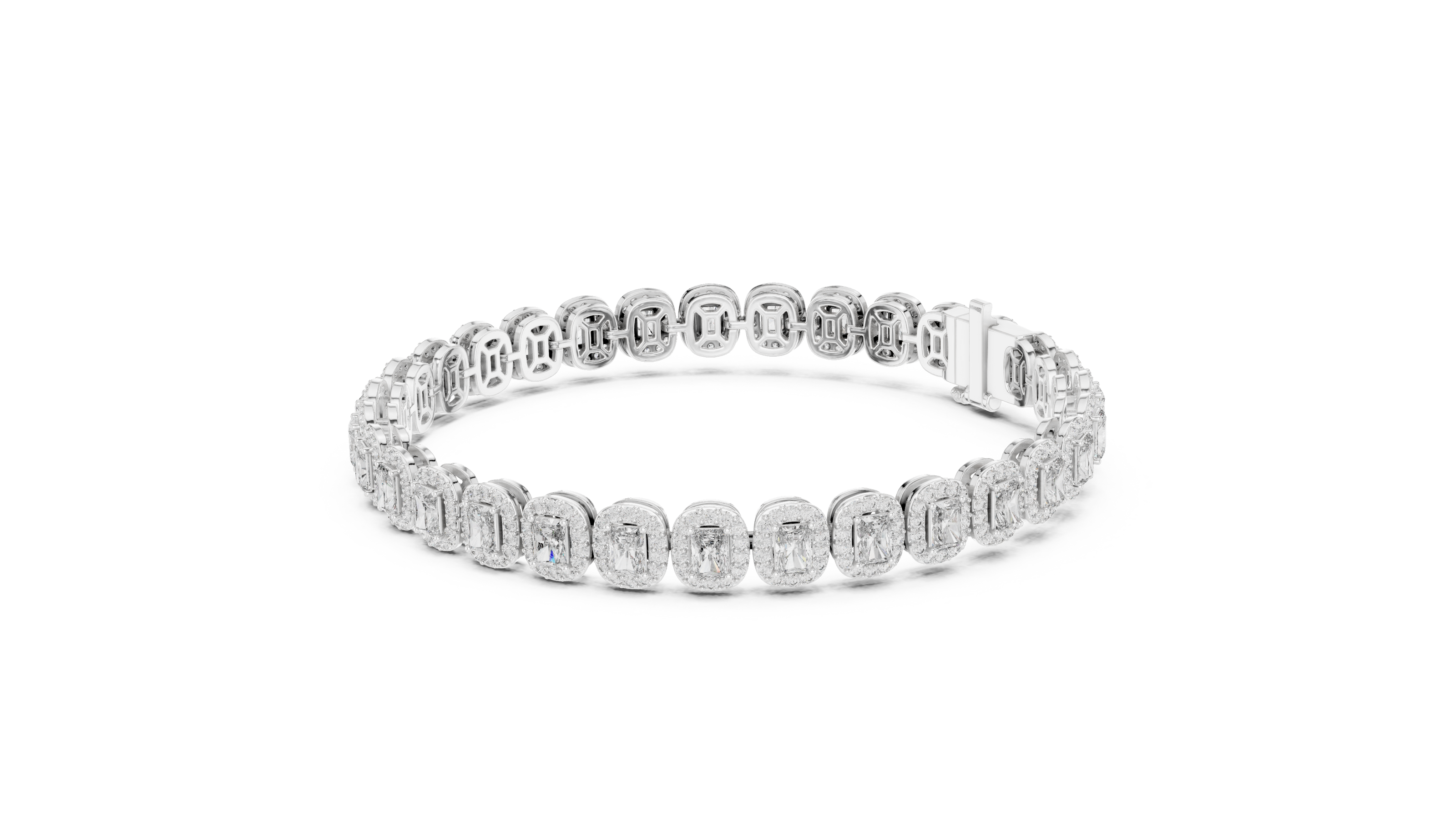 Radiant cut halo lab grown diamond tennis bracelet in yellow gold white gold and rose gold with luxury diamond links