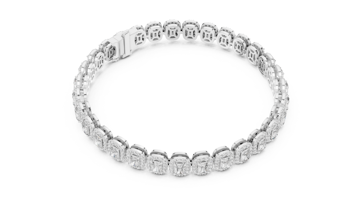 Radiant cut halo lab grown diamond tennis bracelet in yellow gold white gold and rose gold with luxury diamond links