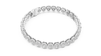 Radiant cut halo lab grown diamond tennis bracelet in yellow gold white gold and rose gold with luxury diamond links