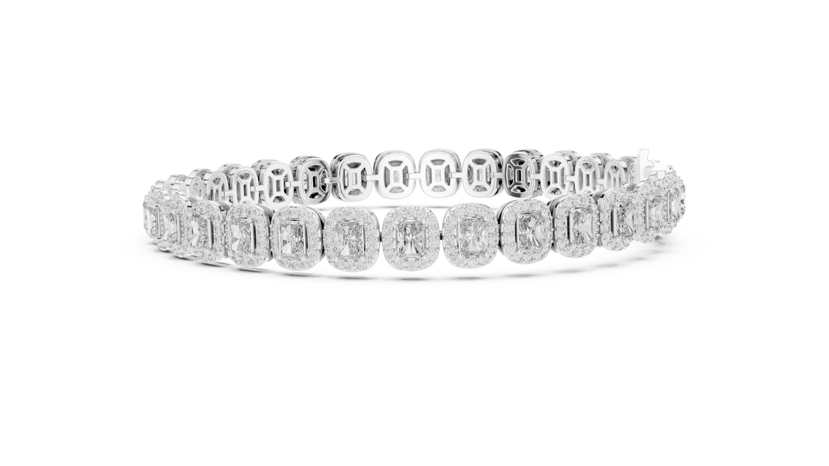 Radiant cut halo lab grown diamond tennis bracelet in yellow gold white gold and rose gold with luxury diamond links