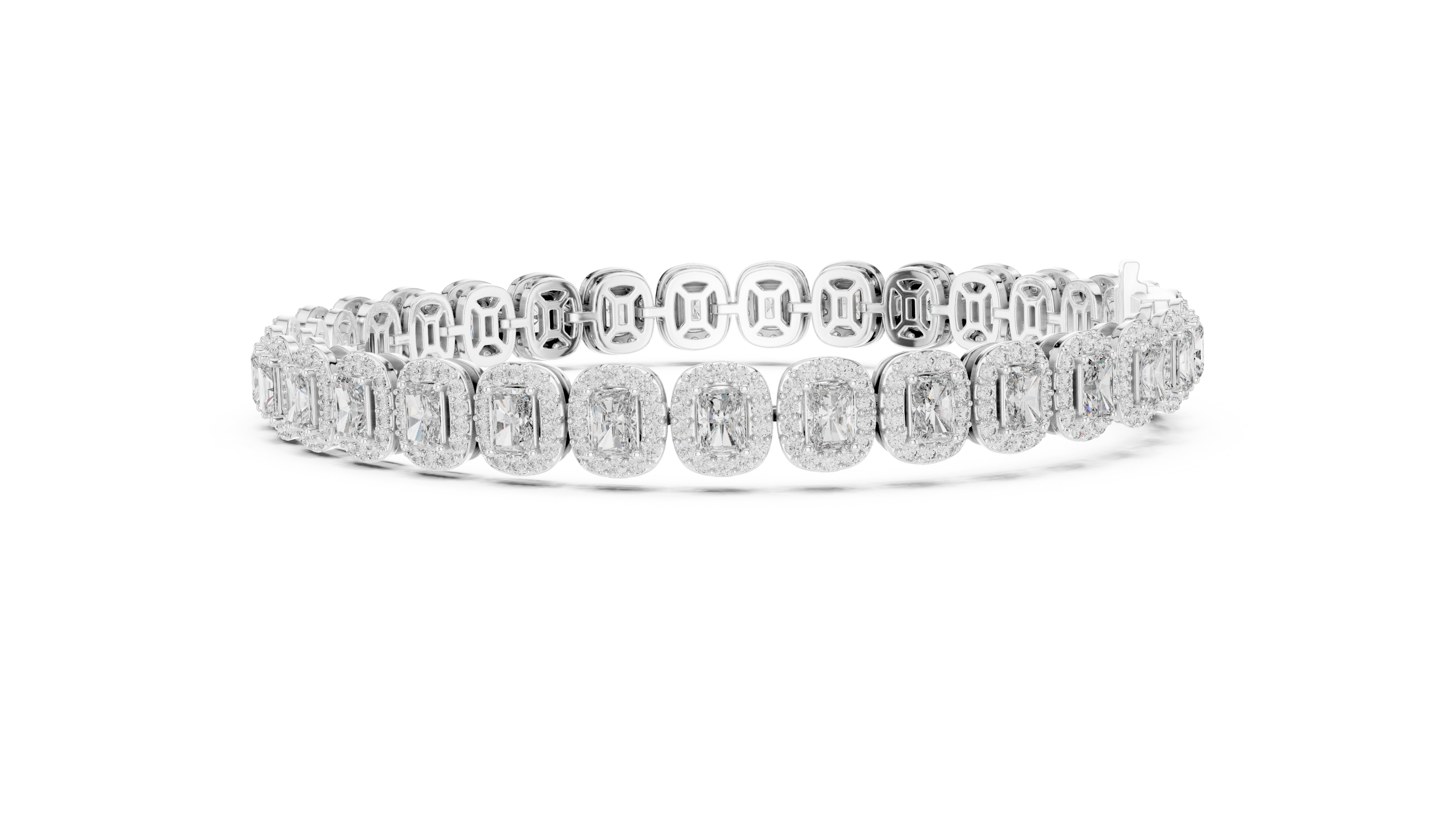 Radiant cut halo lab grown diamond tennis bracelet in yellow gold white gold and rose gold with luxury diamond links