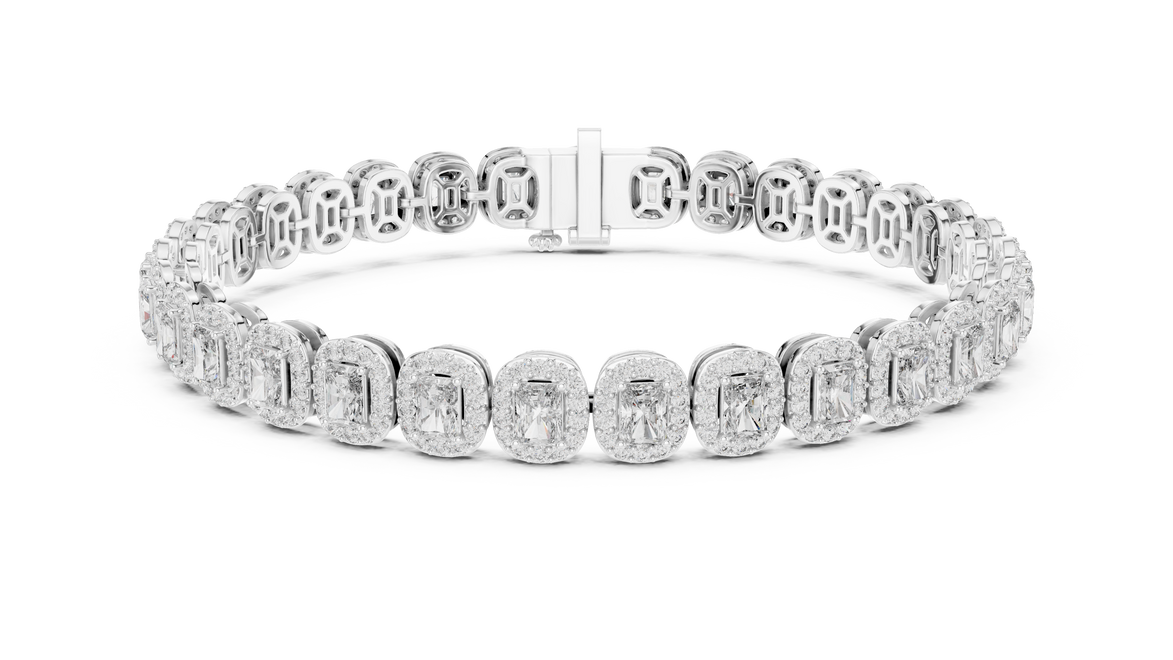 Radiant cut halo lab grown diamond tennis bracelet in yellow gold white gold and rose gold with luxury diamond links
