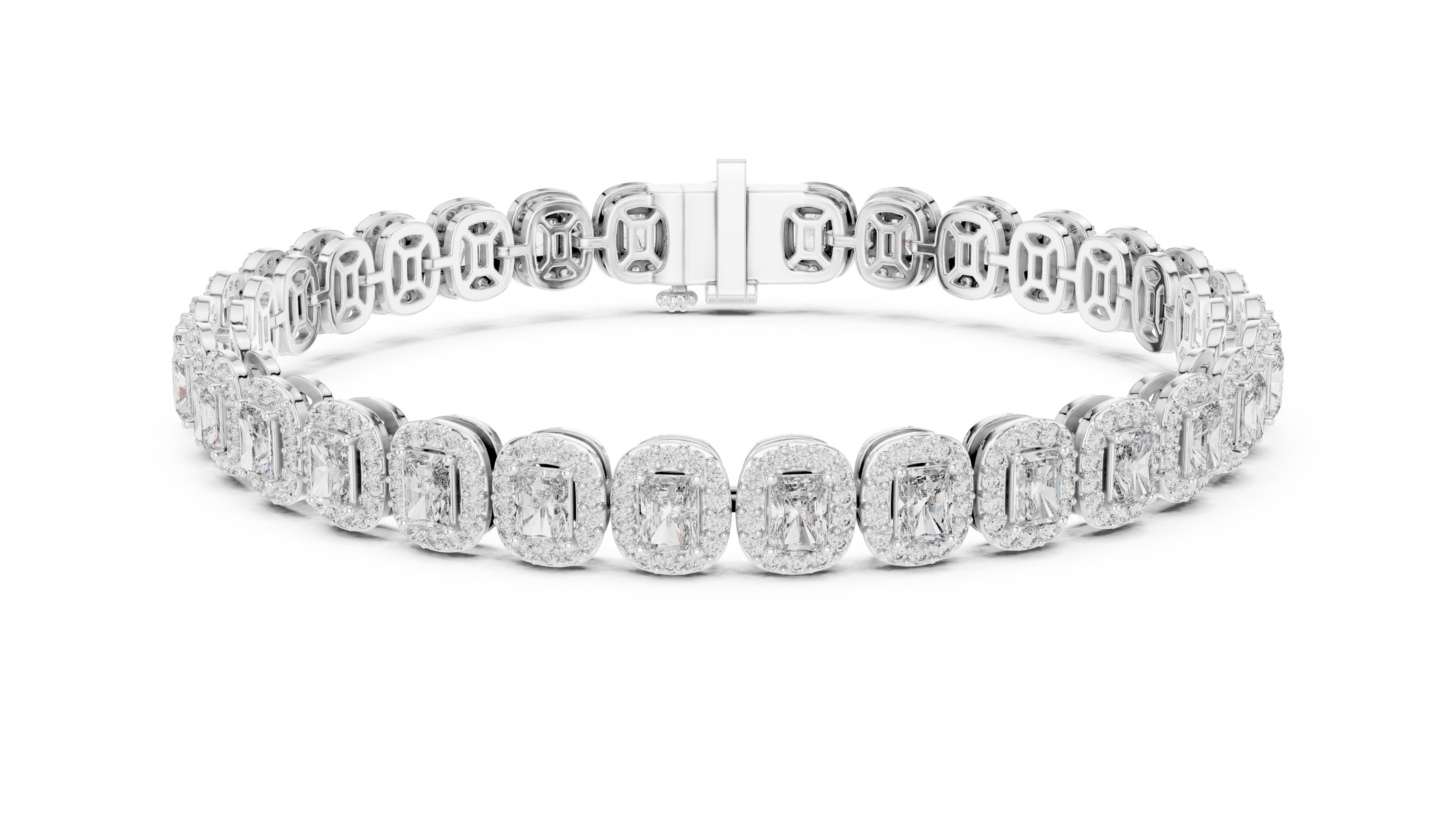 Radiant cut halo lab grown diamond tennis bracelet in yellow gold white gold and rose gold with luxury diamond links
