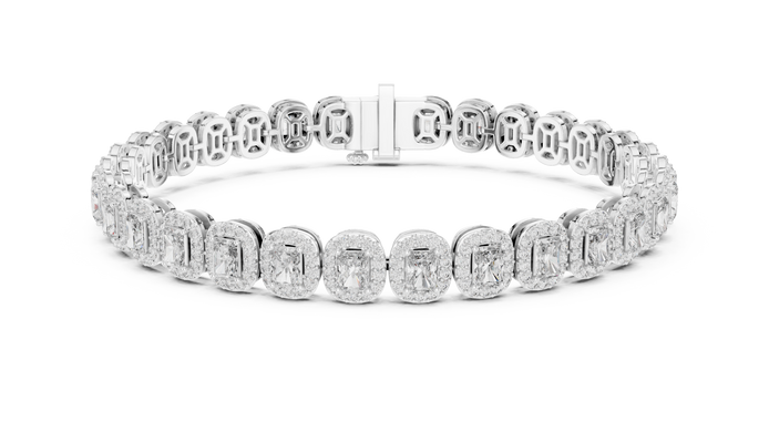 Radiant cut halo lab grown diamond tennis bracelet in yellow gold white gold and rose gold with luxury diamond links