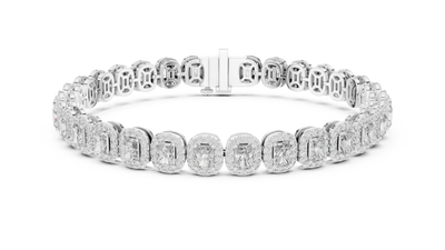 Radiant cut halo lab grown diamond tennis bracelet in yellow gold white gold and rose gold with luxury diamond links
