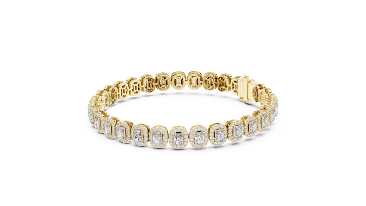 Radiant cut halo lab grown diamond tennis bracelet in yellow gold white gold and rose gold with luxury diamond links