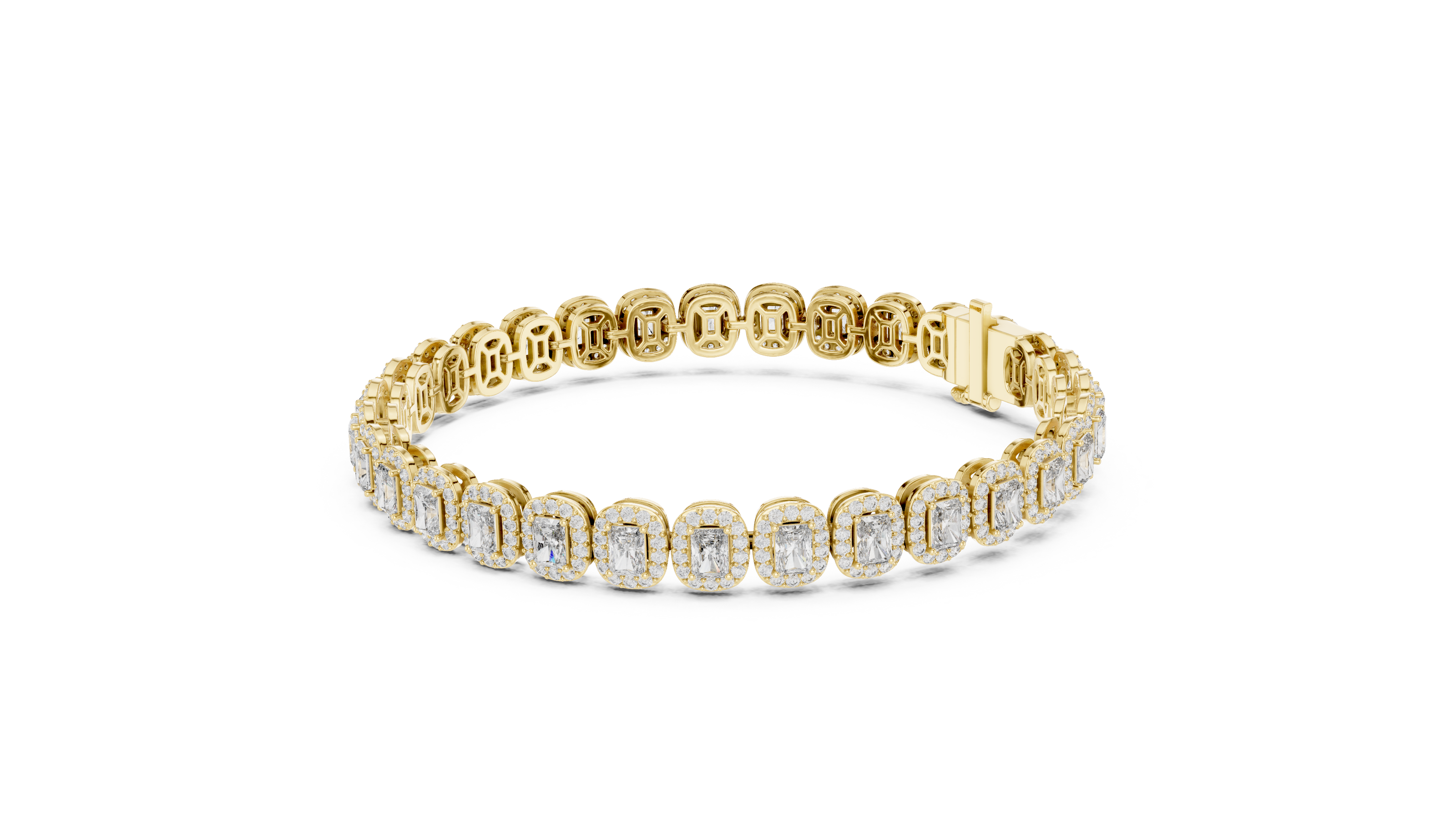 Radiant cut halo lab grown diamond tennis bracelet in yellow gold white gold and rose gold with luxury diamond links