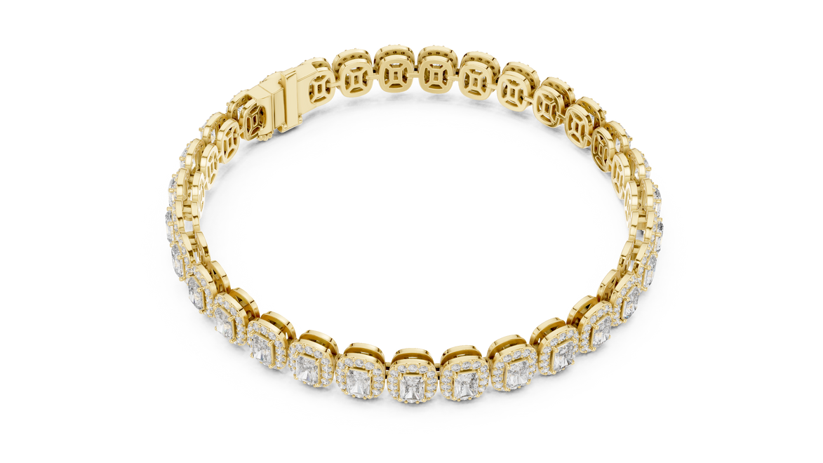 Radiant cut halo lab grown diamond tennis bracelet in yellow gold white gold and rose gold with luxury diamond links