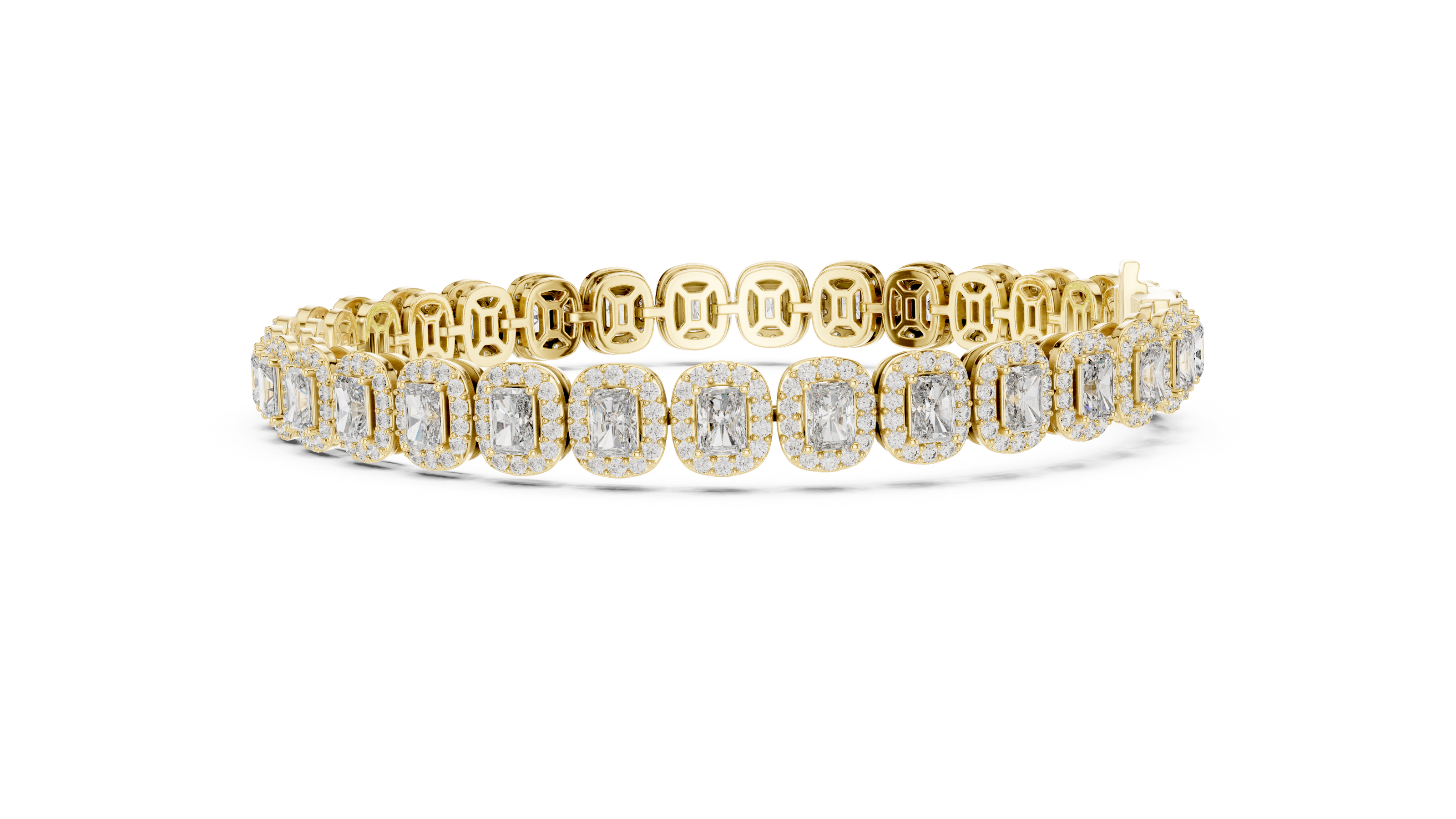 Radiant cut halo lab grown diamond tennis bracelet in yellow gold white gold and rose gold with luxury diamond links