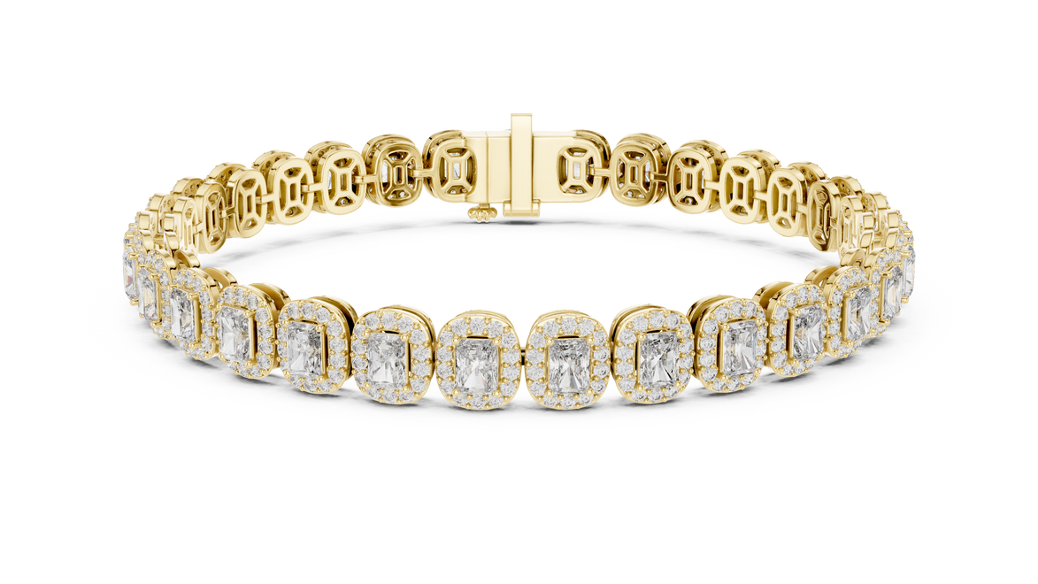 Radiant cut halo lab grown diamond tennis bracelet in yellow gold white gold and rose gold with luxury diamond links