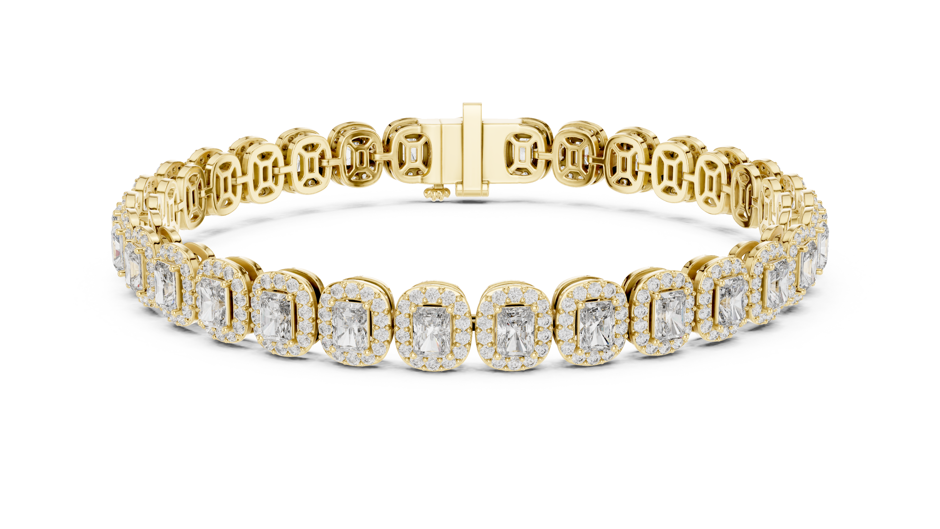 Radiant cut halo lab grown diamond tennis bracelet in yellow gold white gold and rose gold with luxury diamond links