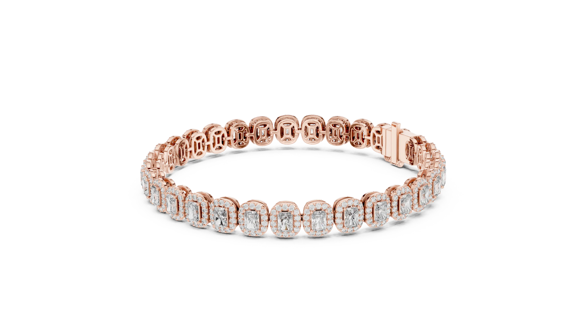 Rose gold bracelet with diamonds on a white background