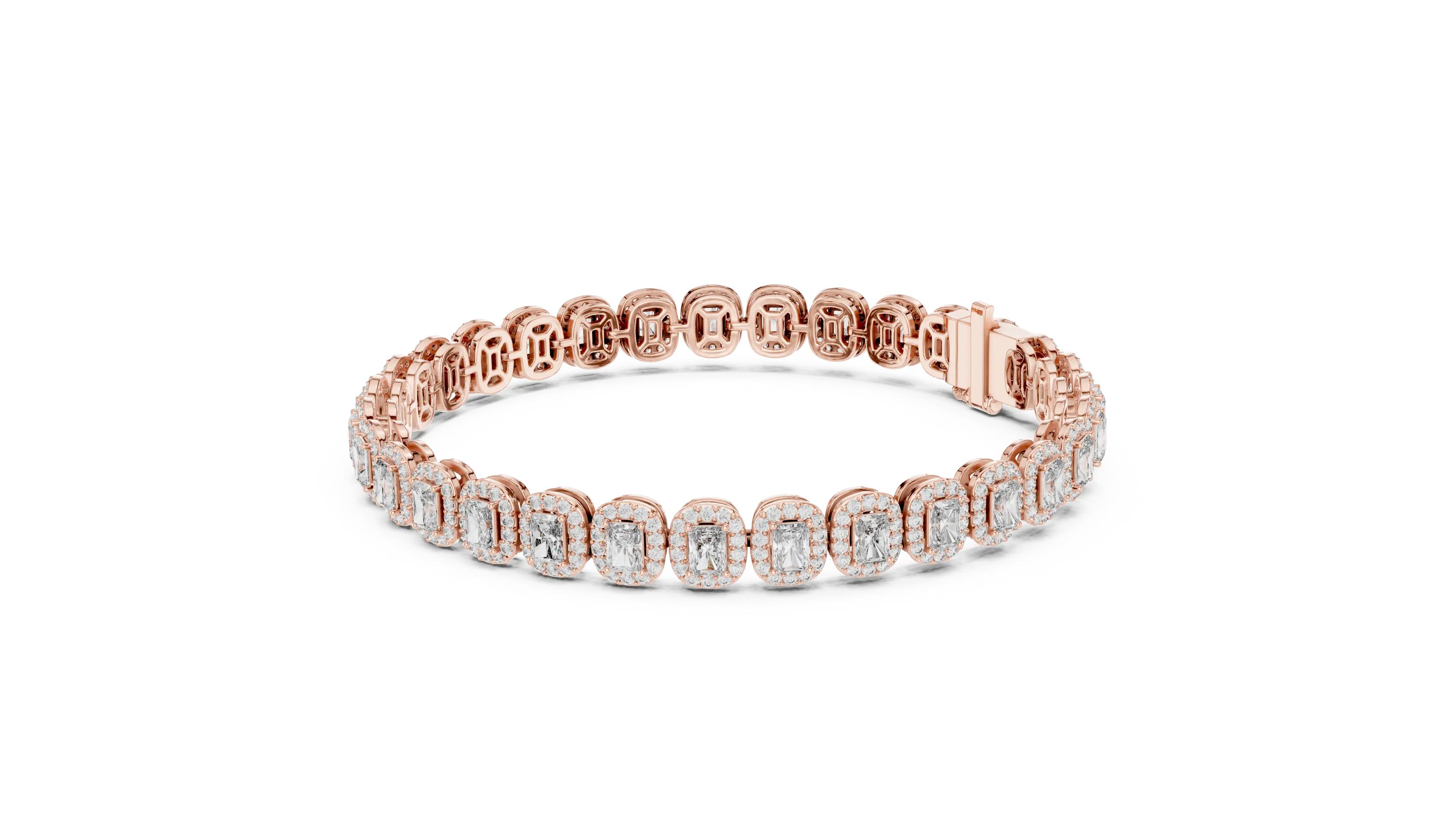 Rose gold bracelet with diamonds on a white background