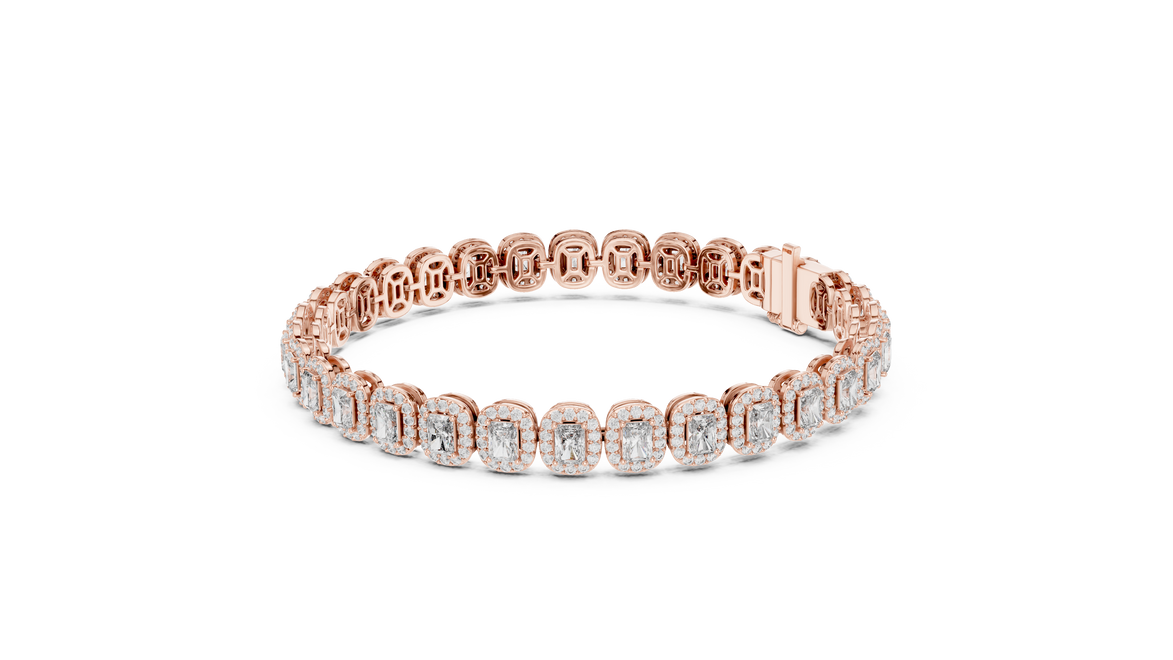 Rose gold bracelet with diamonds on a white background