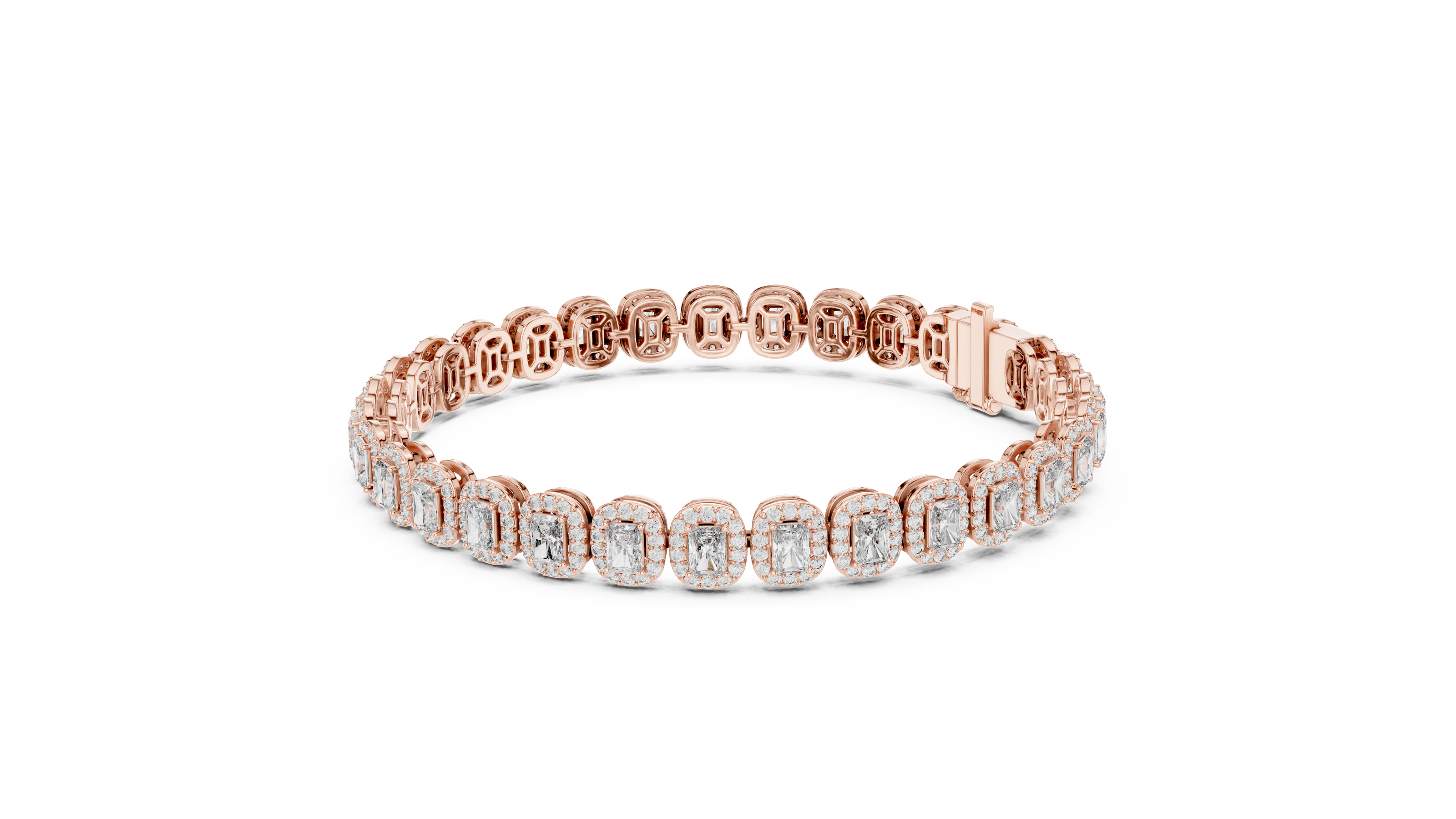 Rose gold bracelet with diamonds on a white background