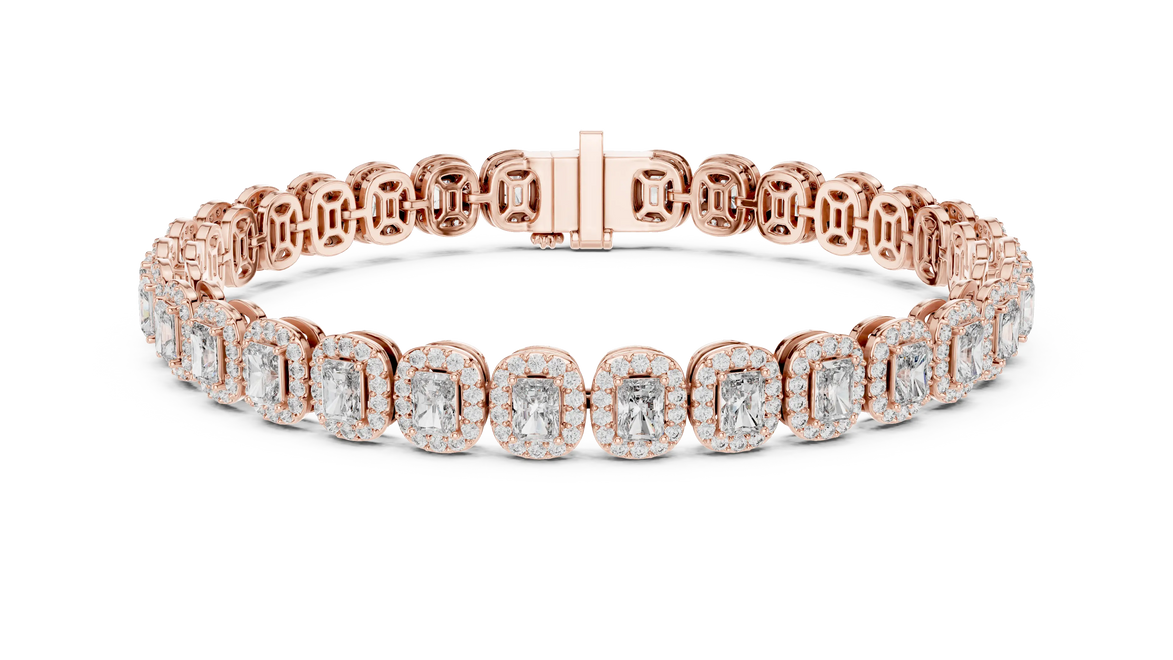 Rose gold bracelet with diamond accents on a white background