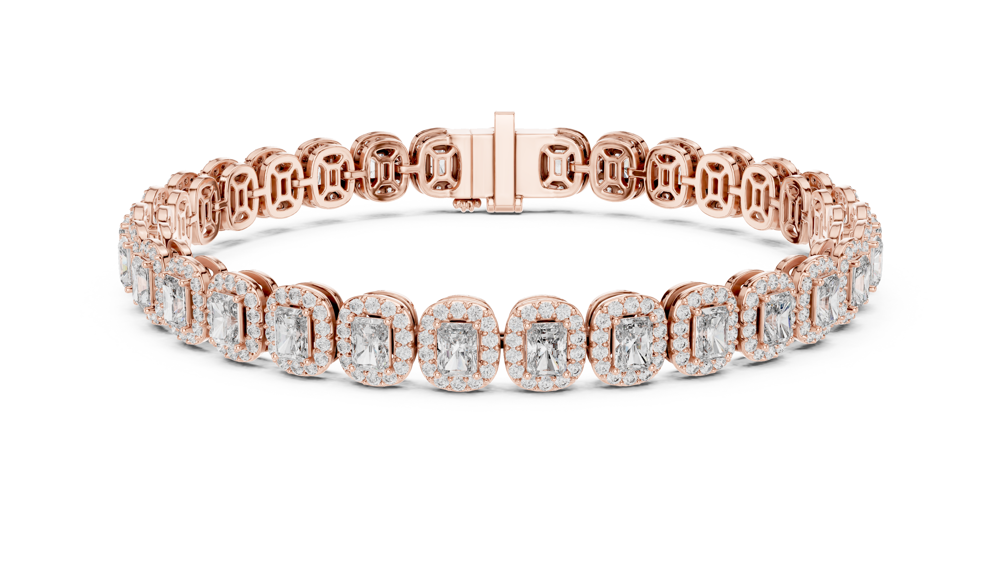 Rose gold bracelet with diamond accents on a white background