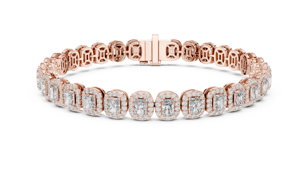 Rose gold bracelet with diamond accents on a white background