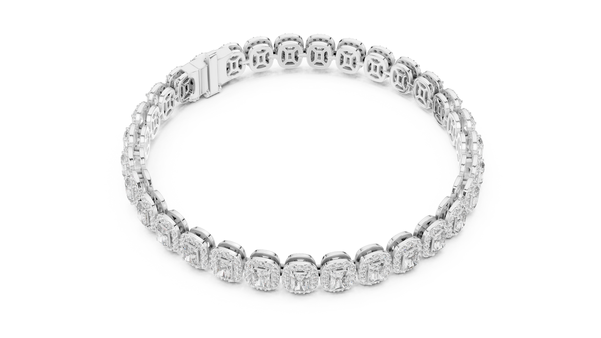 Silver bracelet with diamond accents on a white background
