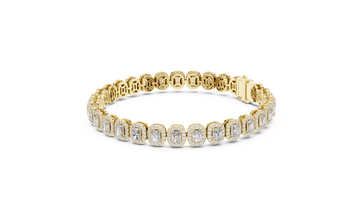 Gold bracelet with diamond accents on a white background