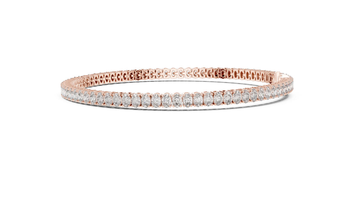 Oval cut lab grown diamond tennis bracelet in yellow gold white gold and rose gold with elegant luxury diamond setting