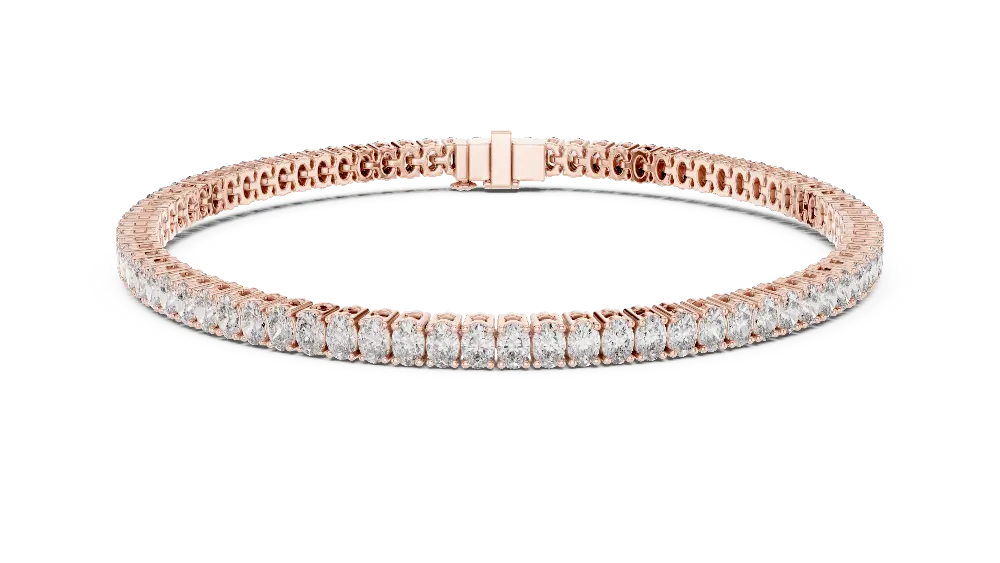 Oval cut lab grown diamond tennis bracelet in yellow gold white gold and rose gold with elegant luxury diamond setting