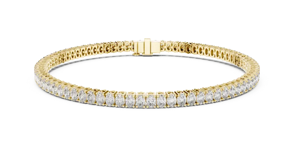Oval cut lab grown diamond tennis bracelet in yellow gold white gold and rose gold with elegant luxury diamond setting