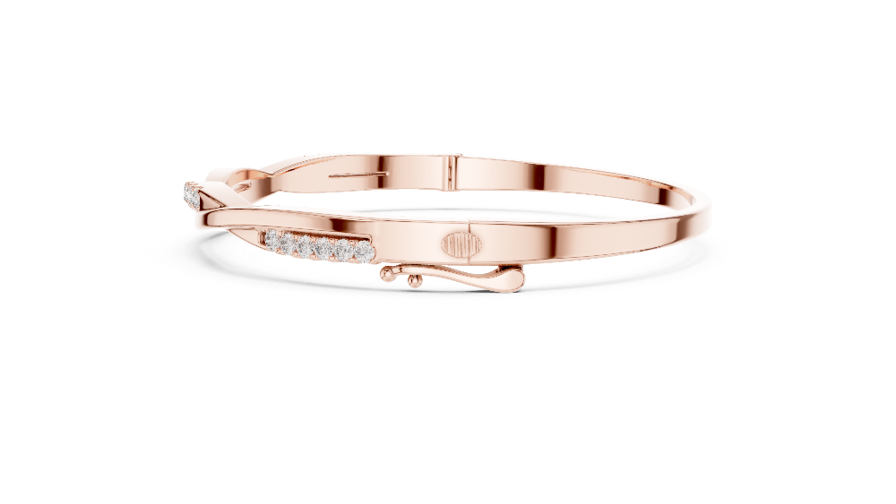 Twisted lab grown diamond bangle bracelet in yellow gold white gold and rose gold with modern crossover diamond design