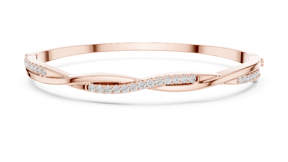 Twisted lab grown diamond bangle bracelet in yellow gold white gold and rose gold with modern crossover diamond design