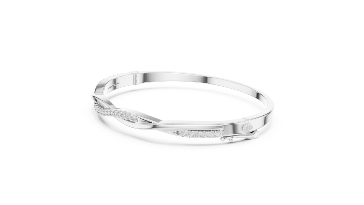 Twisted lab grown diamond bangle bracelet in yellow gold white gold and rose gold with modern crossover diamond design