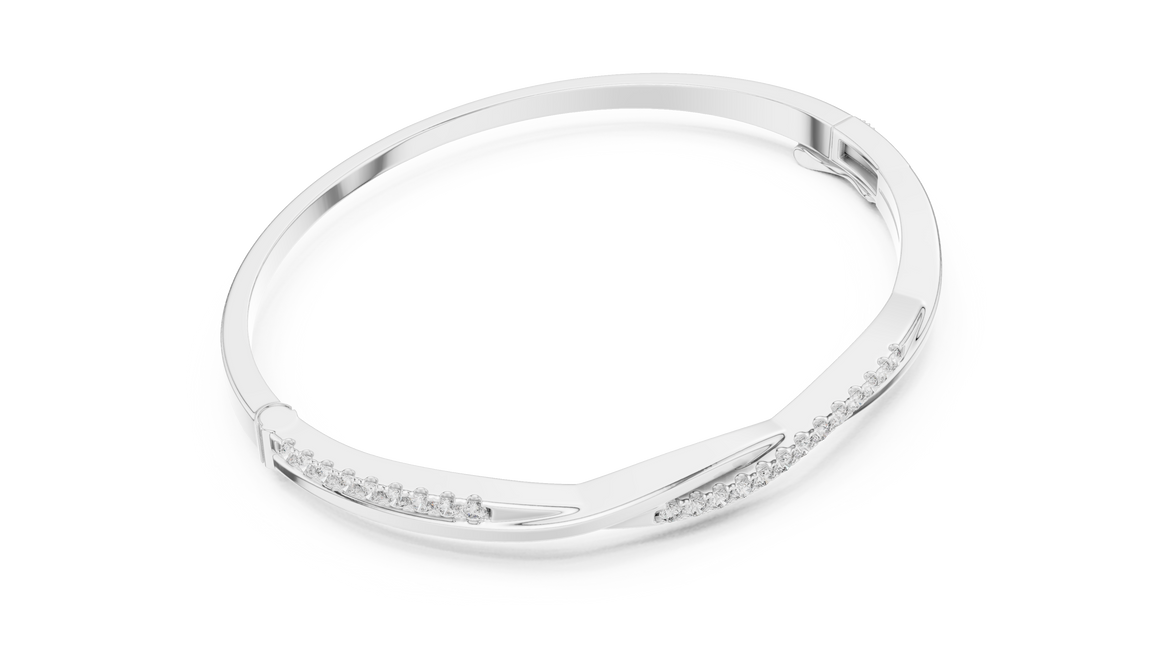 Twisted lab grown diamond bangle bracelet in yellow gold white gold and rose gold with modern crossover diamond design
