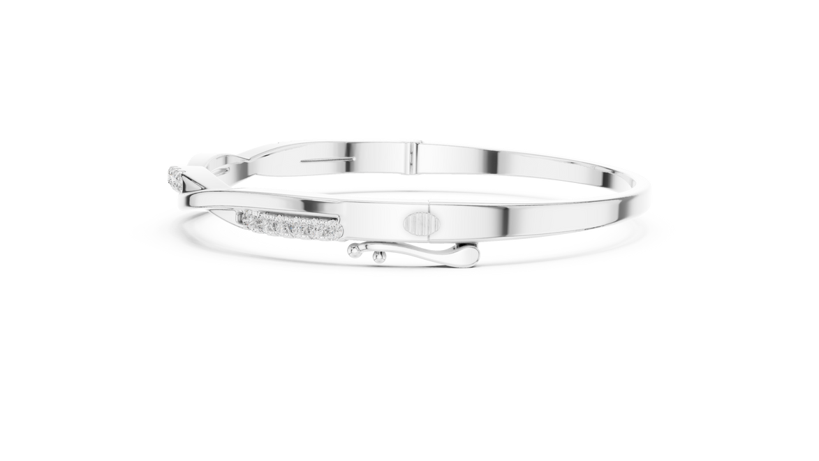 Twisted lab grown diamond bangle bracelet in yellow gold white gold and rose gold with modern crossover diamond design