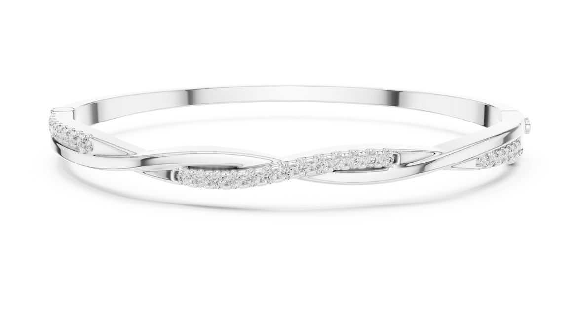 Twisted lab grown diamond bangle bracelet in yellow gold white gold and rose gold with modern crossover diamond design