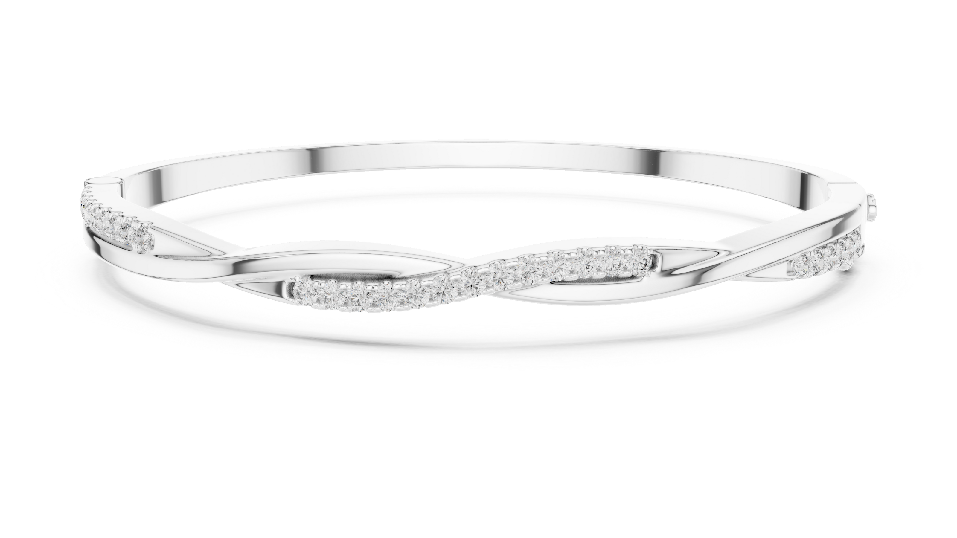 Twisted lab grown diamond bangle bracelet in yellow gold white gold and rose gold with modern crossover diamond design