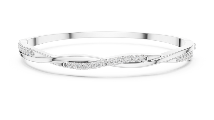Twisted lab grown diamond bangle bracelet in yellow gold white gold and rose gold with modern crossover diamond design