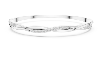 Twisted lab grown diamond bangle bracelet in yellow gold white gold and rose gold with modern crossover diamond design