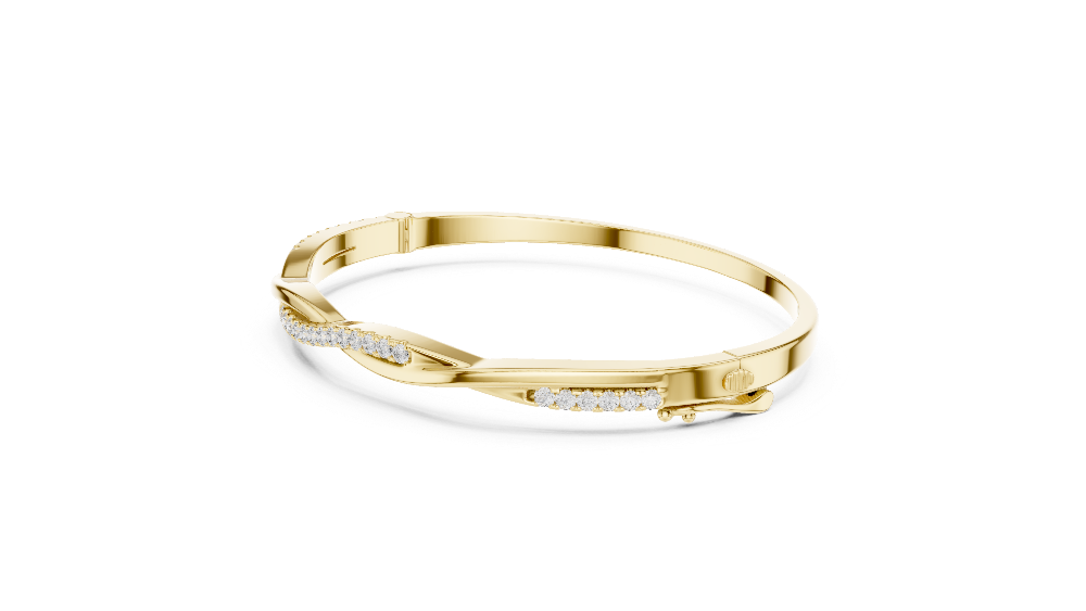 Twisted lab grown diamond bangle bracelet in yellow gold white gold and rose gold with modern crossover diamond design