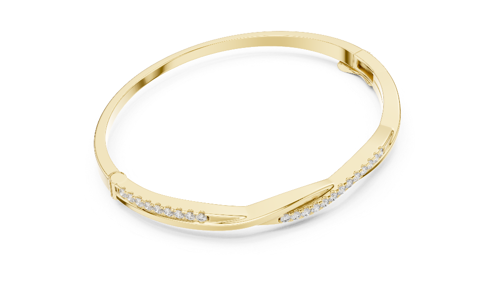 Twisted lab grown diamond bangle bracelet in yellow gold white gold and rose gold with modern crossover diamond design